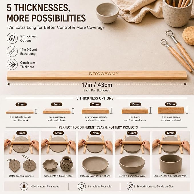 DIYOOHOMY 10 Pcs 17" L Rolling Pin Guides for Dough, Pizza, Bread, Pastry Thickness, Polymer Clay Tools, Wooden Slab Roller for Clay Machine, Clay Rolling Pin Depth Guide for Pottery Ceramics Supplies
