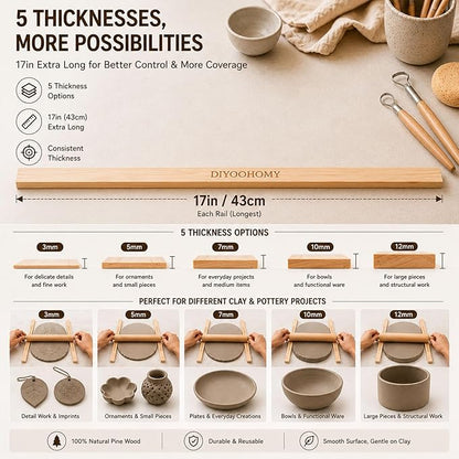DIYOOHOMY 10 Pcs 17" L Rolling Pin Guides for Dough, Pizza, Bread, Pastry Thickness, Polymer Clay Tools, Wooden Slab Roller for Clay Machine, Clay Rolling Pin Depth Guide for Pottery Ceramics Supplies