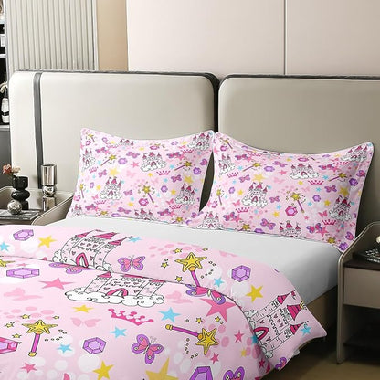 Princess Castle 100% Organic Cotton Comforter Cover Pink Girl Bow Duvet Cover Set Queen Size for Bedroom Watercolor Oil Paint Print Bedding Set with 2 Pillowcases(No Filler)