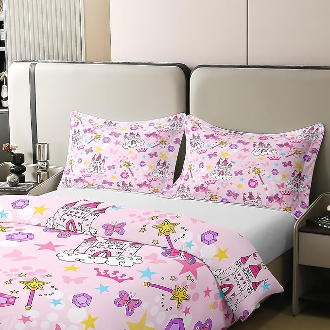 Princess Castle Duvet Cover Set 100% Natural Cotton Twin Size Pink Girl Bow Super Soft Bedding Set 2 PCS Watercolor Oil Paint Print Cotton Comforter Cover for Bedroom Decor(No Comforter)