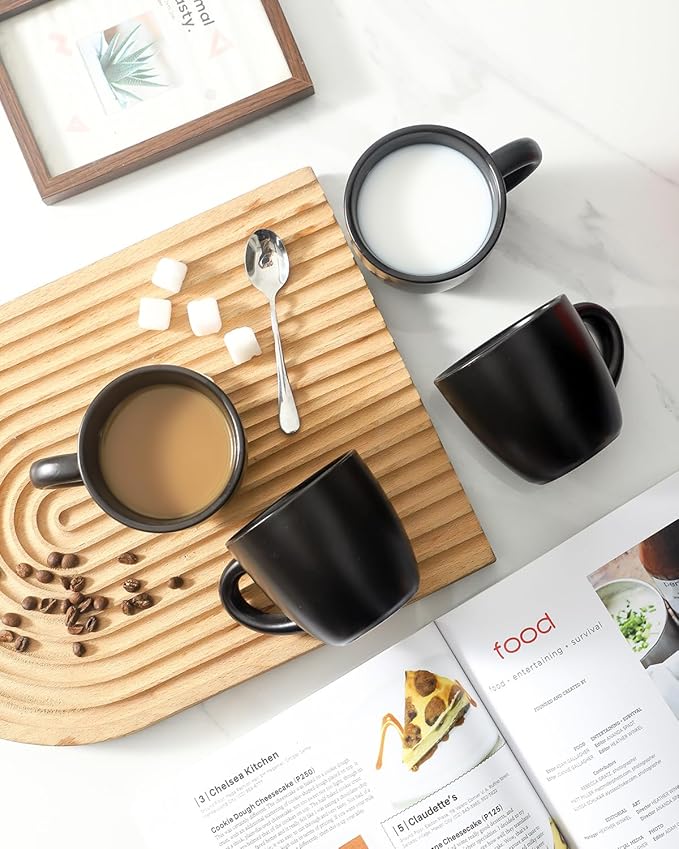 HASENSE 7OZ Espresso Cups,Ceramic Cappuccino Cups Set of 4 with Handle, Demitasse Cups Set for Double shot, Latte, Americano, Cafe Mocha and Tea, Espresso Cups for Home and Office, Black