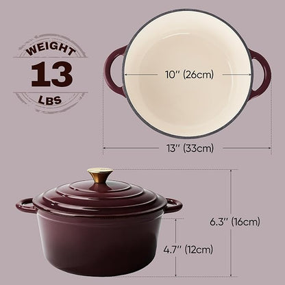 Vintage Style 6 Quart Dutch Oven Pot with Lid, Non Stick Enameled Cast Iron Dutch Oven for Bread Baking, Heavy-Duty, Oven Safe Ceramic Cookware Up to 500°F for Baking, Braising, Stews, Roasting, Fig