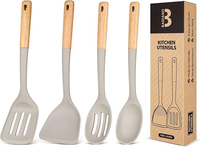 Silicone Cooking Utensils Set, Perfectly Angled for Frying, Mixing,Serving,Draining,Turning and Stirring, BPA-Free Matte Silicone, Wood Handles, Safe for Nonstick Cooking Surfaces,4 Pack (Khaki)