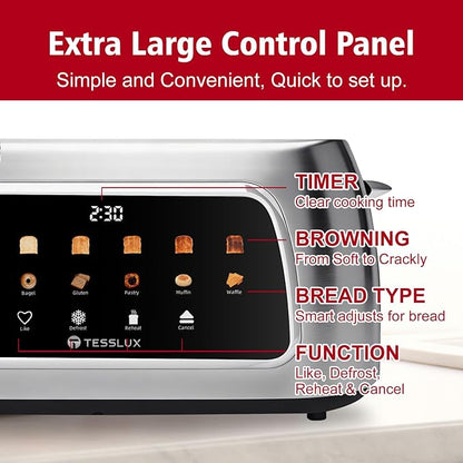 Tesslux 4 Slice Toaster with Touch Screen Control, 1.5" Wide Long Slots, 6 Browning Levels & 6 Bread Types, Digital Timer, Memory, Defrost, Reheat (Silver, 4 Slice)