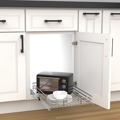 Pull Out Cabinet Organizer, Heavy-Duty Metal Sliding Drawer Shelf for Kitchen Cabinets, Chrome, Doesn't Include Door Fittings (23 * 21 IN)