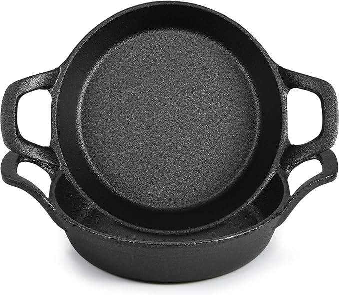 Ziliny Mini Cast Iron Skillets 6.3 x 6.3 x 1.5 Inch Cast Iron Pan Small Ramekin Set Black Casserole Dish Cookware Oven Safe Mini Skillets for Kitchen Indoor Outdoor Picnic (2 Pack)