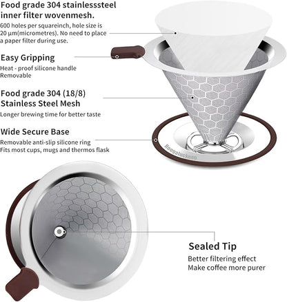 Pour over Coffee Dripper, Stainless Steel Paperless Reusable Coffee Filter, Metal 600 Mesh Strainer Coffee Maker (1-2 Cups)