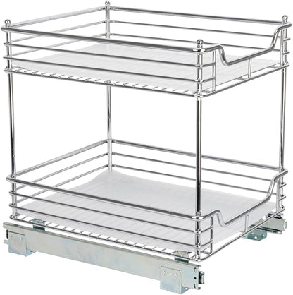 Household Essentials Glidez Chrome-Plated Steel Pull-Out/Slide-Out Storage Organizer with Plastic Liners for Under Cabinet Use - 2-Tier Design - Fits Standard Size Cabinet or Shelf, Chrome