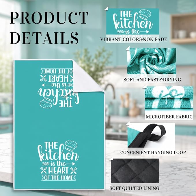 Sratte 6 Pcs Kitchen Decor Accessories Set Farmhouse Towels Pot Holders Oven Mitts Set 2 Dish Towels 2 Potholders 2 Cooking Mittens Oven Glove for Christmas Baking Cooking Supply(Light Teal,Kitchen)
