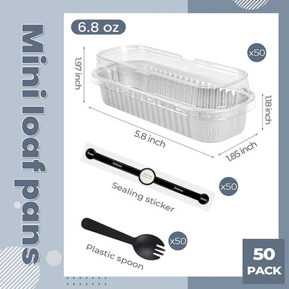 Mini loaf pans with lids Rectangle Aluminum Foil Cake Tins Baking Pans for Wedding Birthday Party 6.8oz, Graduation Gifts Party Favors(Silver, 50Pack)