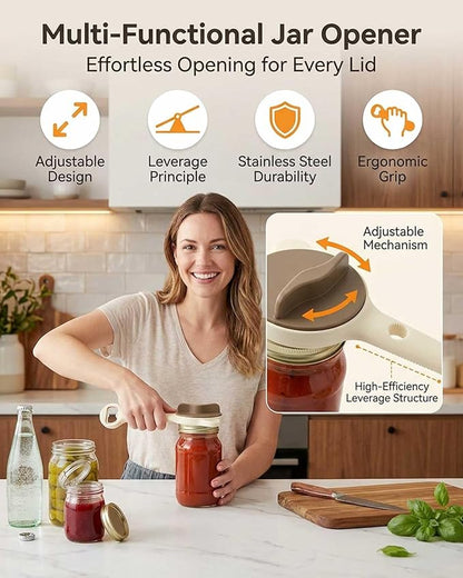 Jar Opener – 4-in-1 Adjustable Stainless Steel Secure Grip Lid Remover for Jars, Bottles & Cans, Multifunctional Kitchen Tool