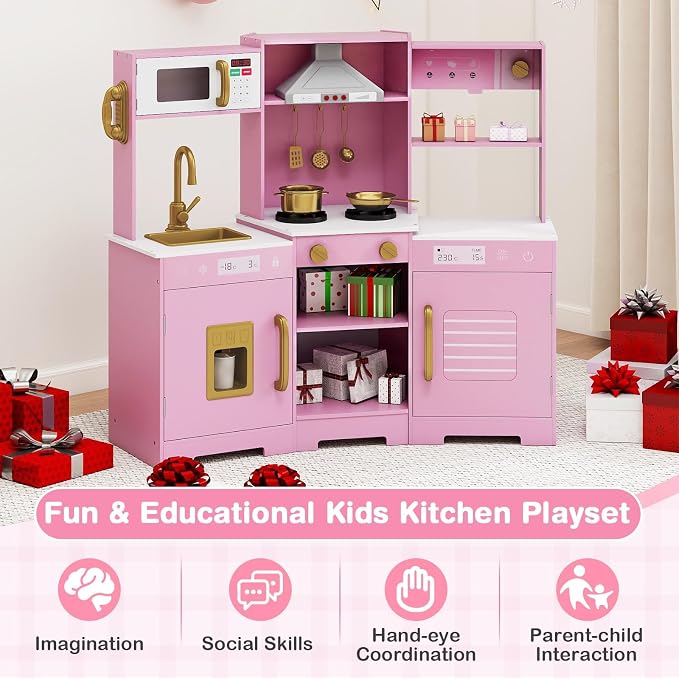 Costzon Corner Kids Kitchen Playset, Wooden Toy Kitchen Set w/Lights & Sounds Range Hood, Ice Maker, Pretend Telephone, Sink, Faucet, Microwave, Oven, Play Kitchen for Kids 3+ (Pink+Golden)