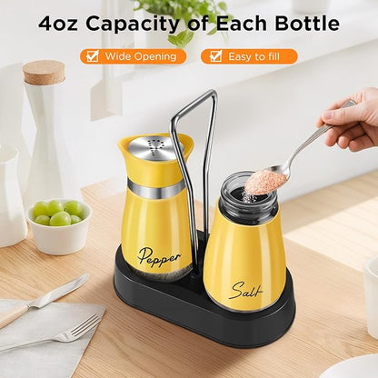 Salt and Pepper Shakers, Farmhouse Salt and Pepper Shakers Set with Holder, electroplated Handle, 4 oz Stainless Steel Glass Bottle Dispenser, for Table, RV, Camp, BBQ (Yellow)