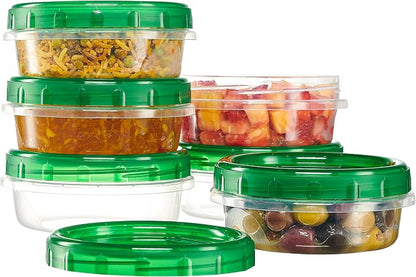 PLASTICPRO 12 Pack Twist Cap Food Storage Containers with Green Screw on Lid- 8 oz Reusable Meal Prep Containers - Freezer and Microwave Safe Green Plastic Food Storage