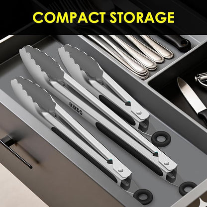 Metal Tongs for Cooking, Heat Resistant 600 Degrees Stainless Steel Kitchen Tongs with Silicone Handle, Locking Tongs for BBQ, Grilling, Serving, Salad, Dishwasher, Set of 3(7", 9" and 12")