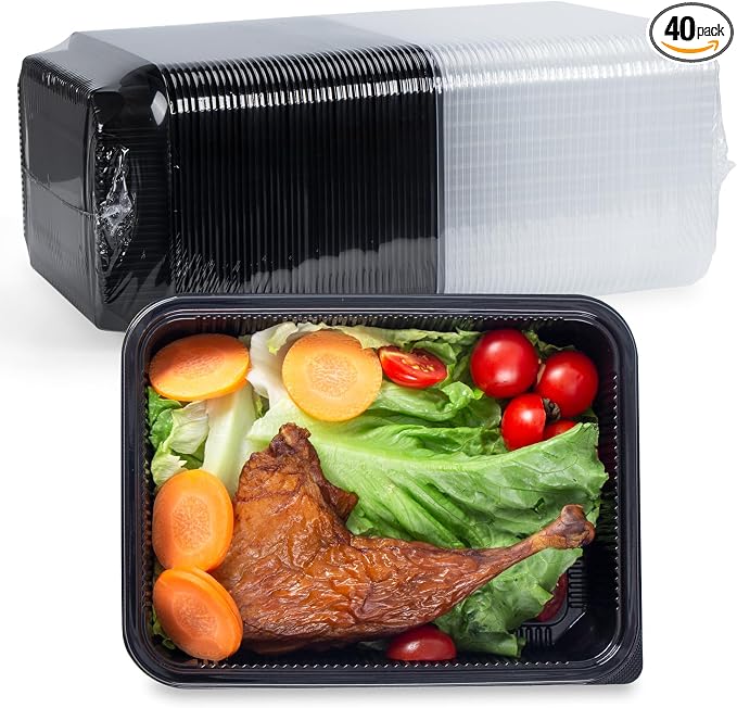 YANGRUI 40 Pack 48oz Meal Prep Containers - Shrink-Wrapped No Pre-Wash | Single Deep Compartment Leakproof | Shatterproof Flexible Pure PP | Microwave Safe To-Go Box for Chicken, Ribs & Leftovers