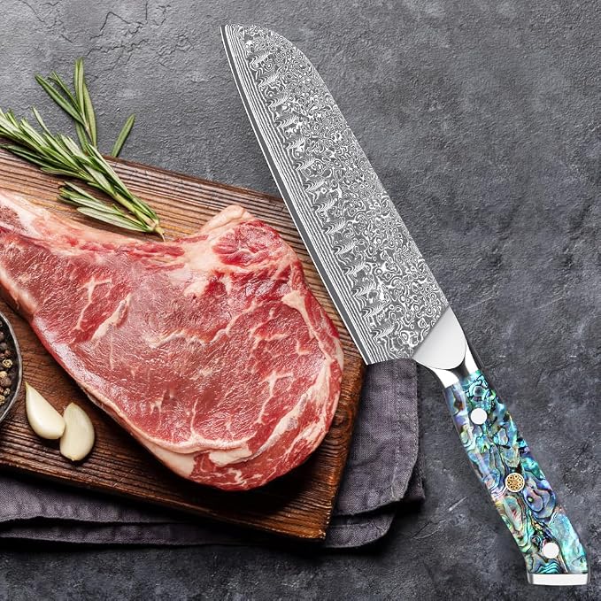 KEENZO Damascus Santoku Knife 7 inch, Razor Sharp Professional Chef Knife, Japanese Hand Forged 67 Layers Hammered Damascus Blade, Ergonomic Abalone Shell Handle Cooking Knife with gift box