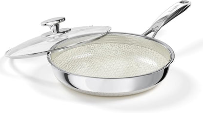 10 Inch Non Stick Frying Pan with Lid, Ceramic Hybrid Tri-Ply Stainless Steel Non Stick Skillet Pan W/ Lid Healthy Nonstick Cookware Induction Omelette Chef Frying Pan, Oven Safe, PFAS/PFOA/PTFE Free