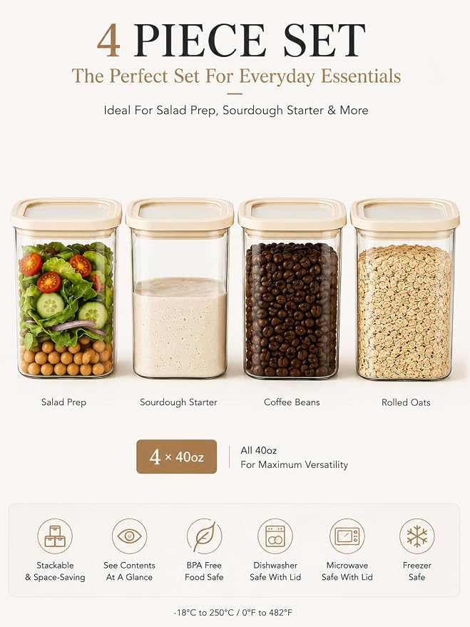 4pcs Square Glass Pantry Storage Containers Set with Glass Lids 1.22Qt - Airtight Stackable Kitchen Canisters Sets for Pasta, Cereal, Flour, Snacks | 40floz Glass Pantry Storage Jars