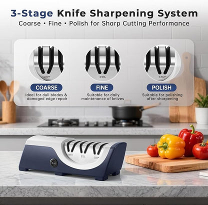 Kitchen Professional Electric Knife Sharpener: 3-Stage 100% Diamond Knife Sharpeners - 15° Precision Electric Sharpening Tool to Restore & Polish Chef Knives | Ideal Gift for Chefs & Dads