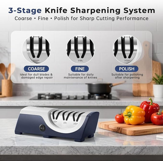 Kitchen Professional Electric Knife Sharpener: 3-Stage 100% Diamond Knife Sharpeners - 15° Precision Electric Sharpening Tool to Restore & Polish Chef Knives | Ideal Gift for Chefs & Dads