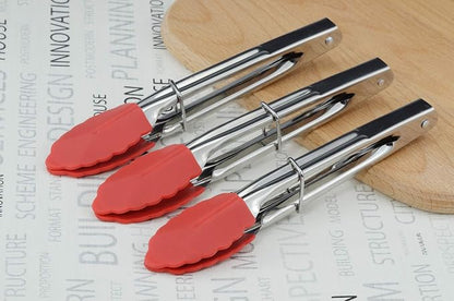 HINMAY Small Tongs with Silicone Tips 7 Inch Kitchen Tongs, Set of 3 (Red)