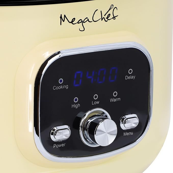 MegaChef 3.7 Quart Oval Electric Digital Slow Cooker with Black Stoneware Crock, Adjustable Timer & Temperature Control, Delay, High, Low & Warm Settings - Versatile Cooking Appliance (Cream)
