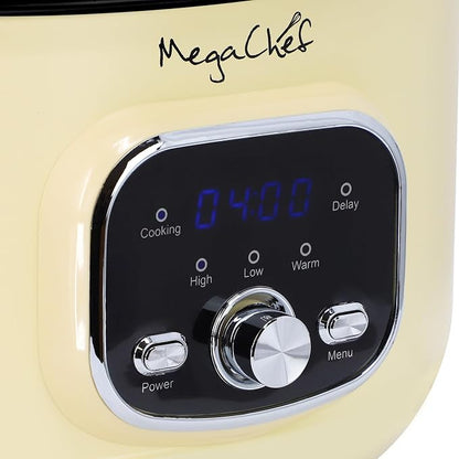 MegaChef 3.7 Quart Oval Electric Digital Slow Cooker with Black Stoneware Crock, Adjustable Timer & Temperature Control, Delay, High, Low & Warm Settings - Versatile Cooking Appliance (Cream)