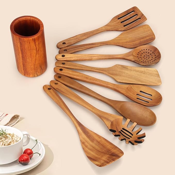 9 Pcs Wooden Spoons for Cooking Utensils with Utensil Holder Teak Wood Kitchen Utensils Set Flat Wooden Spatula Cooking Mixing Spoons Spaghetti Spoon Slotted Turner Scraper Spatula Large Utensils