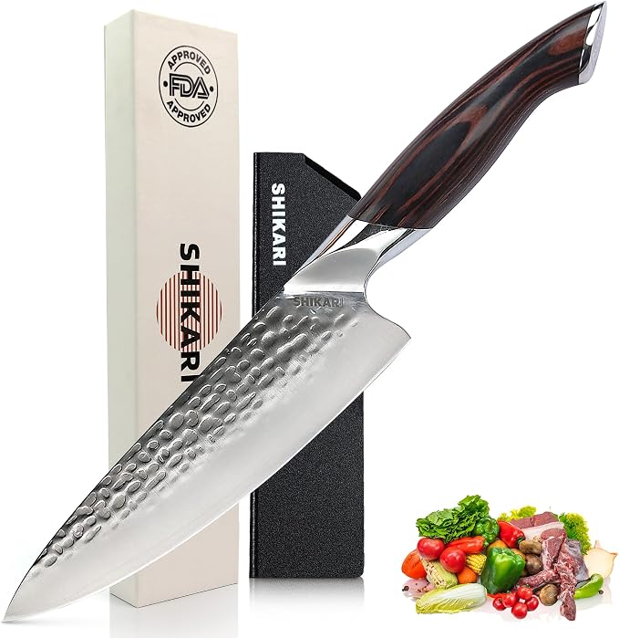 SHIKARI Chef Knife – 8 Inch Japanese Knife with Full Tang VG-10 Damascus Steel – Professional Chefs Knife with Ergonomic Pakkawood Handle – Razor Sharp Cutting Blade for Kitchen