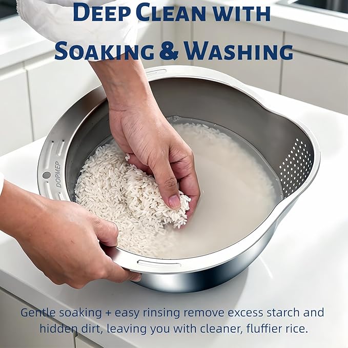DOPMEP Rice Washer Strainer Bowl, Stainless Steel Colander with Side Drainers - Ideal for Soaking, Washing, Cleaning, and Rinsing Rice, Fruits, Vegetables & Beans, Versatile Kitchen Tool