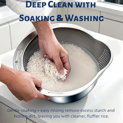 DOPMEP Rice Washer Strainer Bowl, Stainless Steel Colander with Side Drainers - Ideal for Soaking, Washing, Cleaning, and Rinsing Rice, Fruits, Vegetables & Beans, Versatile Kitchen Tool