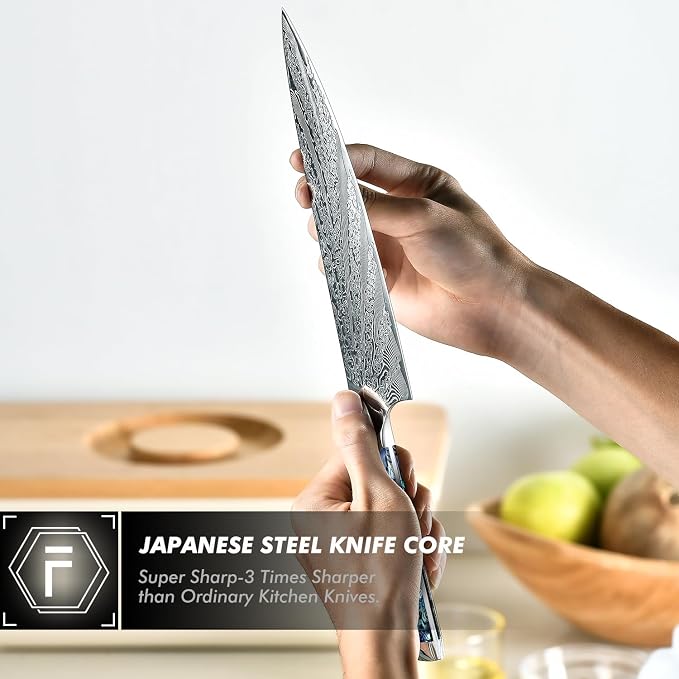 FANTECK Chef Knife 8 Inch,Damascus Japanese Professional High Carbon 67-layers VG10 Kitchen Cooking Knife,Super Sharp Stainless Steel Chef Knives with Full Tang Abalone Shell Handle-Walnut Wood Cover