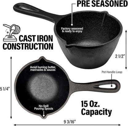 Small Cast Iron Basting Pot with Silicone BBQ Brush – Cast Iron Saucepan for Grilling, Smoking, Butter Melting Pot, 15 Oz