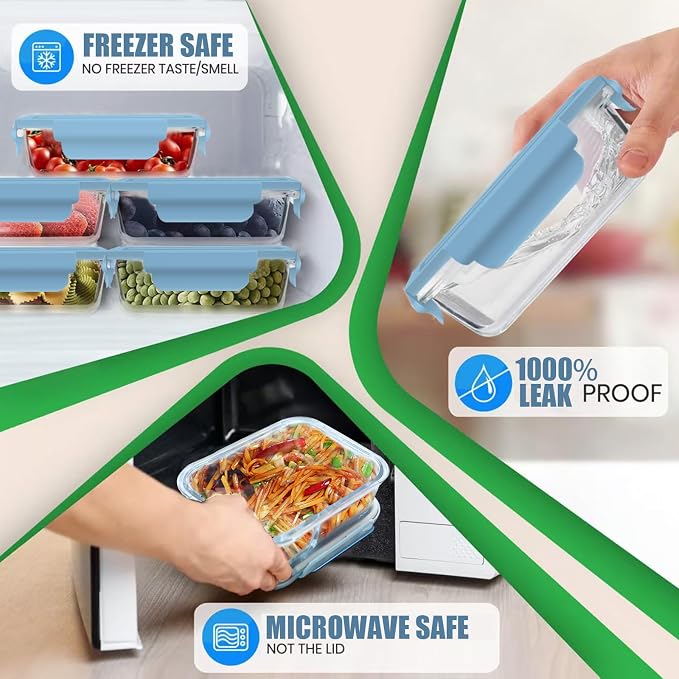 Glass Meal Prep Containers 5 Pack,Three Sizes Airtight Glass Lunch Containers, Glass Food Storage Containers with Lids, for Microwave, Oven, Freezer & Dishwasher Friendly(Sky Blue)