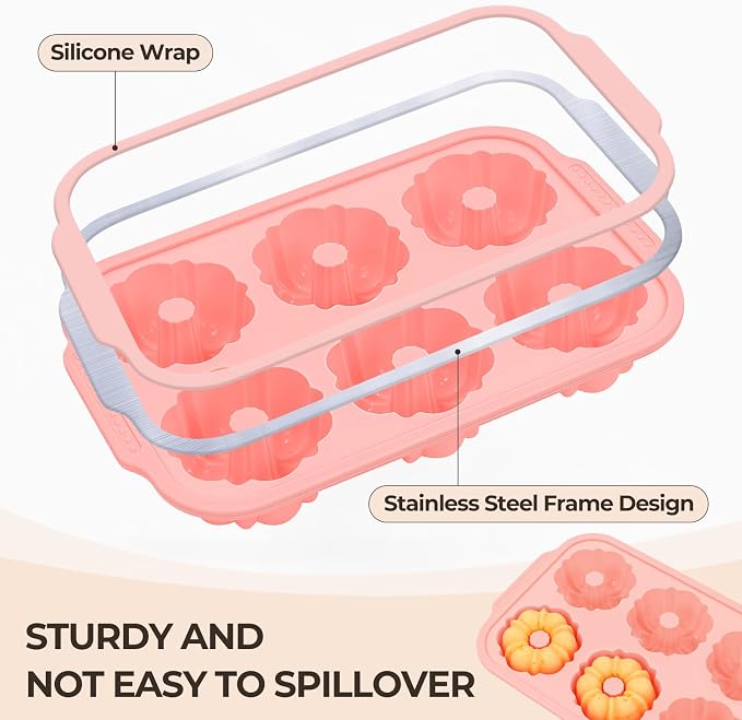 FUNBAKY 3 Inch Mini Fluted Tube Cake Pans for Baking with Metal Reinforced Frame, 2Pcs Silicone 6-Cavity Mini Flan Molds, Nonstick Baking Mold for Cupcake, Brownie, Donuts, Cornbread, Jello