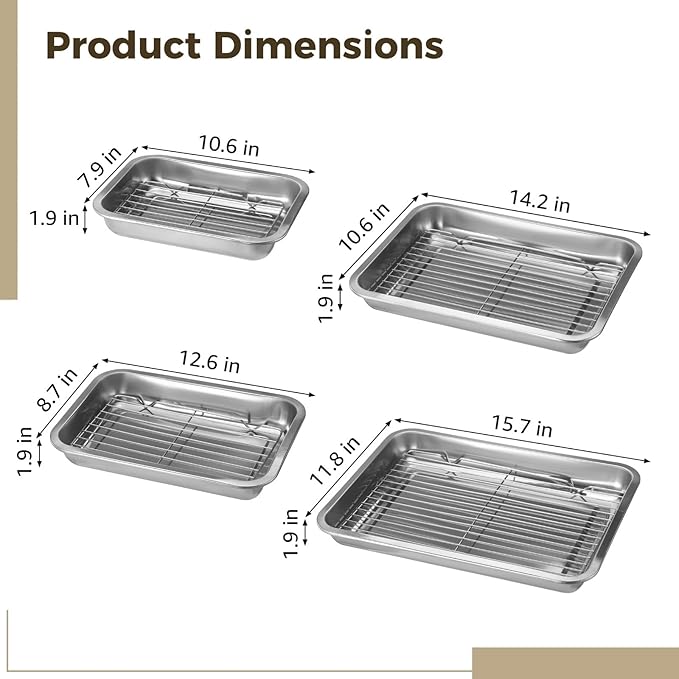 4 Pcs Stainless Steel Baking Sheet with Wire Rack, 10.6 + 12.6 + 14.2 + 15.7 Inch Baking Pans Trays, Dishwasher Safe Bakeware for Cooking, Roasting, Grilling