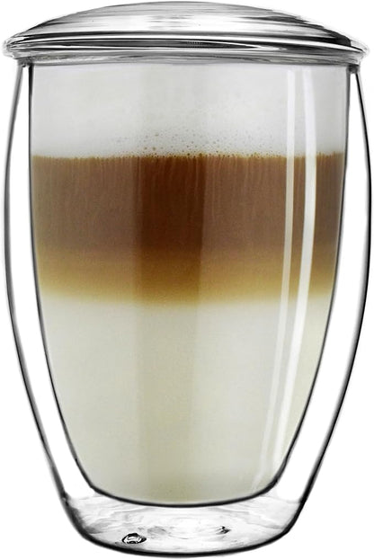 Creano Double Walled Tea Glass with Stainless Steel Filter and Glass Lid - 14oz (400ml)