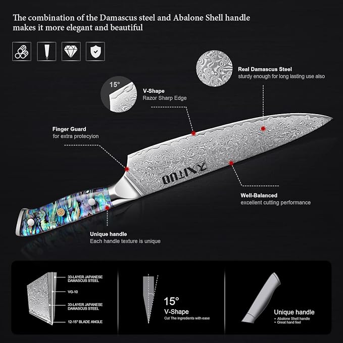 XITUO 8-Inch Damascus Steel Chef Knife, Japanese VG10 Super Steel Full Tang Blade, Razor Sharp Kitchen Knives, Ergonomic Abalone Shell Handle, Dazzling Series - Gift Box