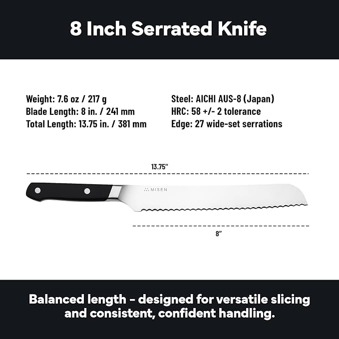 Misen Serrated Bread Knife - High-Carbon Japanese AUS8 Steel - Perfect for Soft Foods, Bread, Pastries, and Fruits - Verstatile Slicer, Razor-Sharp Edge, Durable Blade, Ergonomic Handle - 8", Black
