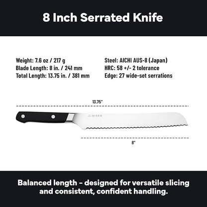 Misen Serrated Bread Knife - High-Carbon Japanese AUS8 Steel - Perfect for Soft Foods, Bread, Pastries, and Fruits - Verstatile Slicer, Razor-Sharp Edge, Durable Blade, Ergonomic Handle - 8", Black