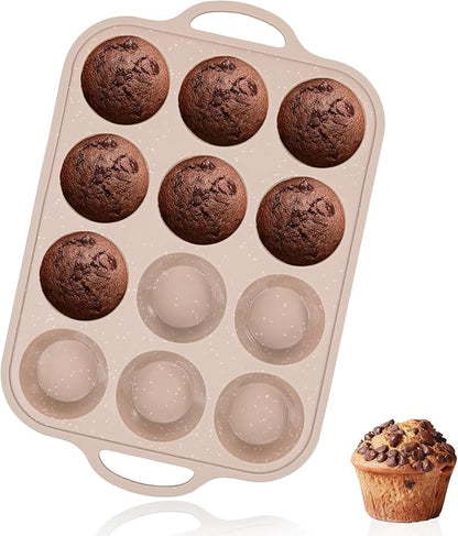 Vinino Silicone Muffin Pans for Baking with Metal Reinforced Frame, 12 Cups Regular Size Nonstick Brown Silicone Cupcake Pan, BPA Free Oven Dishwasher Safe Baking Mold for Muffins Cupcakes