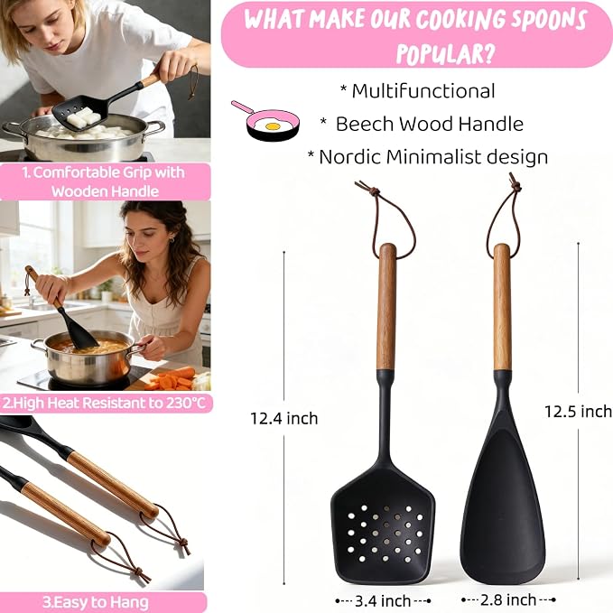 Silicone Cooking Spoons with Non Slotted Spoon, Large Serving Strainer Spoon Set, Multifunction Flat Spoon Spatula, Non-Stick Skimmer Colander Spoon for Mixing,Serving,Draining