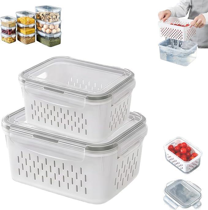 4 in 1 Food Storage Containers with Lids, Food Storage Containers With Lids Airtight, With Removable Colander, For Fruits & Vegetables, Easy to Soak, Clean, Drain and Store (Gray, S+M)