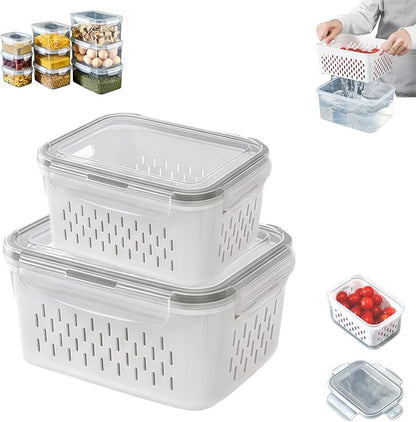 4 in 1 Food Storage Containers with Lids, Food Storage Containers With Lids Airtight, With Removable Colander, For Fruits & Vegetables, Easy to Soak, Clean, Drain and Store (Gray, M+L)