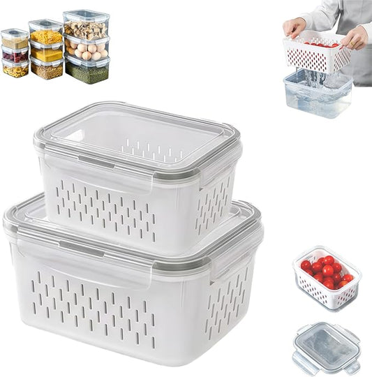 4 in 1 Food Storage Containers with Lids, Food Storage Containers With Lids Airtight, With Removable Colander, For Fruits & Vegetables, Easy to Soak, Clean, Drain and Store (Gray, M+L)