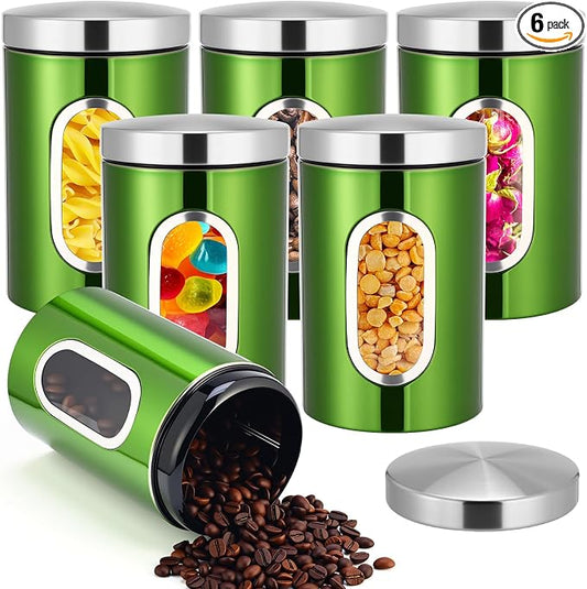 Zopeal 6 Pack Green Canisters Sets For Kitchen 50oz Stainless Steel Kitchen Canisters with Transparent Windows Flour Sugar Container Metal Jar Countertop Set for Coffee Tea Decorative