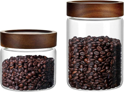 Set of 2 Glass Food Storage Jars, Premium Clear Glass Container Jar with Airtight Wooden Screw-on Lid, Kitchen Canisters for Coffee,Tea,Pasta,Cookies, Nuts,Spice,Candy,Overnight Oatmeal