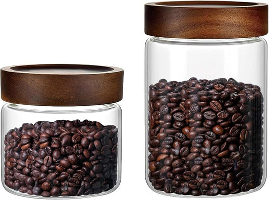 Set of 2 Glass Food Storage Jars, Premium Clear Glass Container Jar with Airtight Wooden Screw-on Lid, Kitchen Canisters for Coffee,Tea,Pasta,Cookies, Nuts,Spice,Candy,Overnight Oatmeal