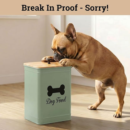 Dog Food Container Airtight 5-7 lb (25 Cup) Capacity - Cute Airtight Dog Food Storage Container with Bamboo Lid & Sturdy Metal Handle - Green Metal Kibble Storage Bin for Dogs up to 50 lbs - Pet Jar